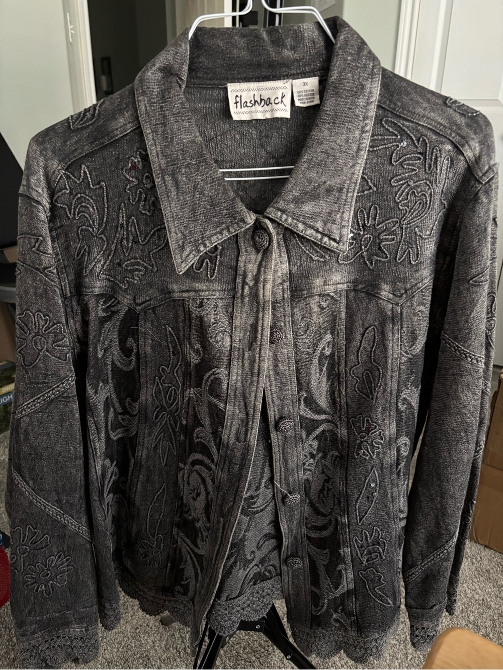 Flashback Women's Washed Black Embroidered Button-Down Jacket